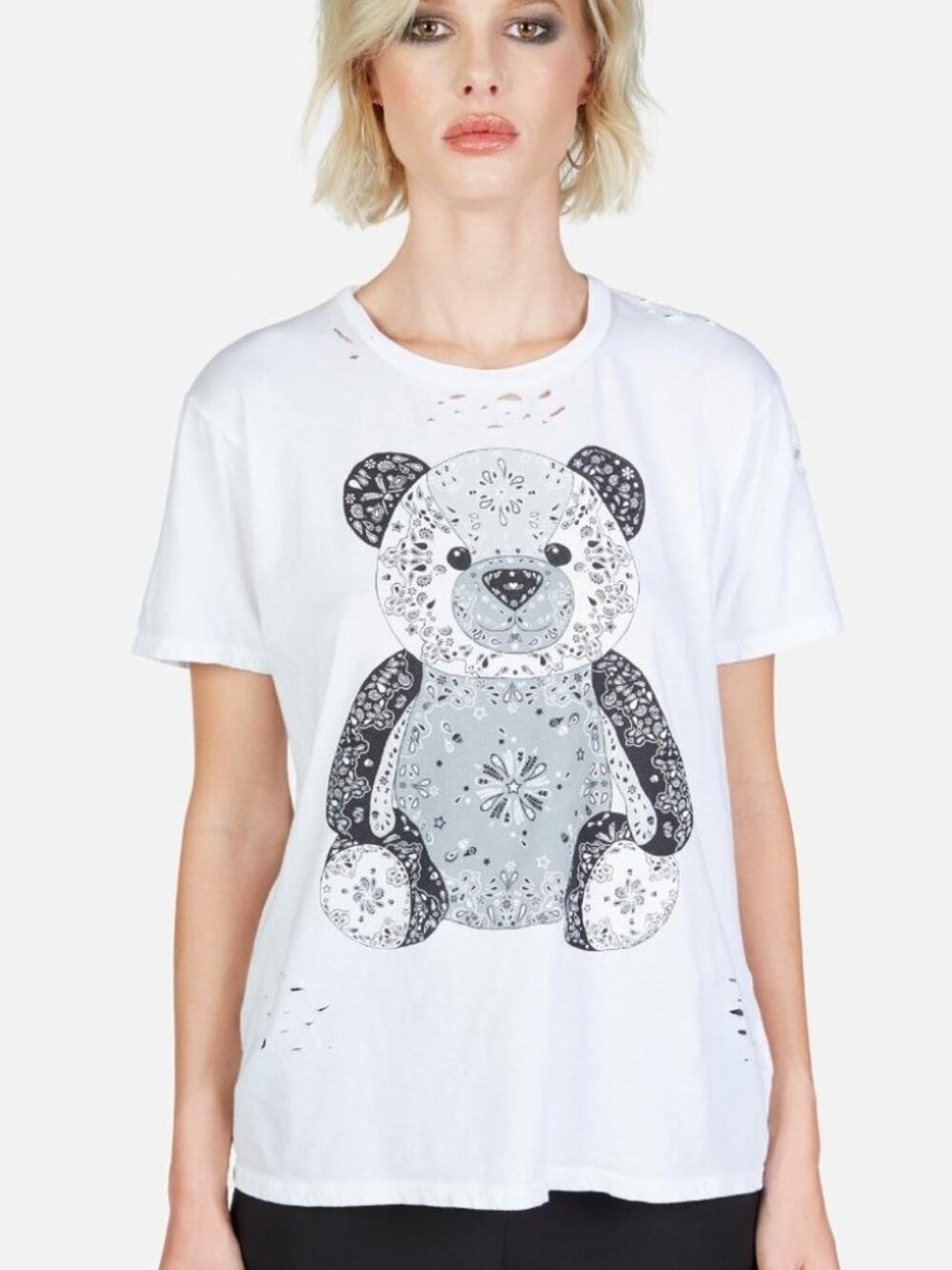 Lauren Moshi Bandana Teddy Bear Tee Distressed White Size Small
